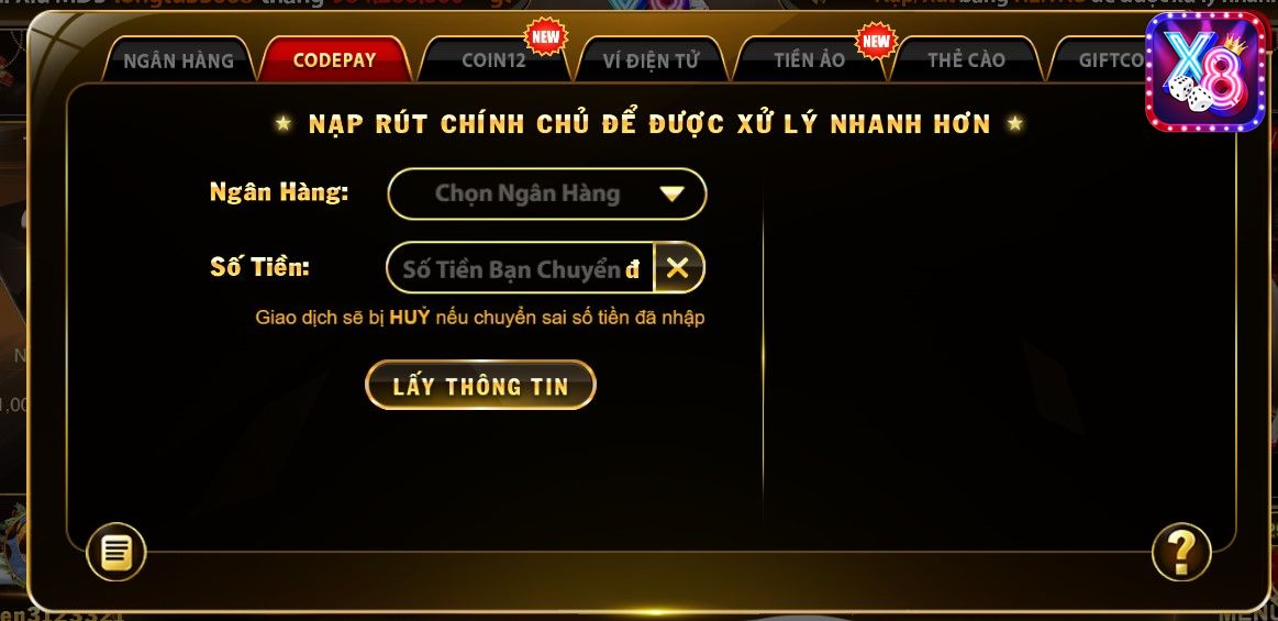 Hướng dẫn nạp tiền tại X8