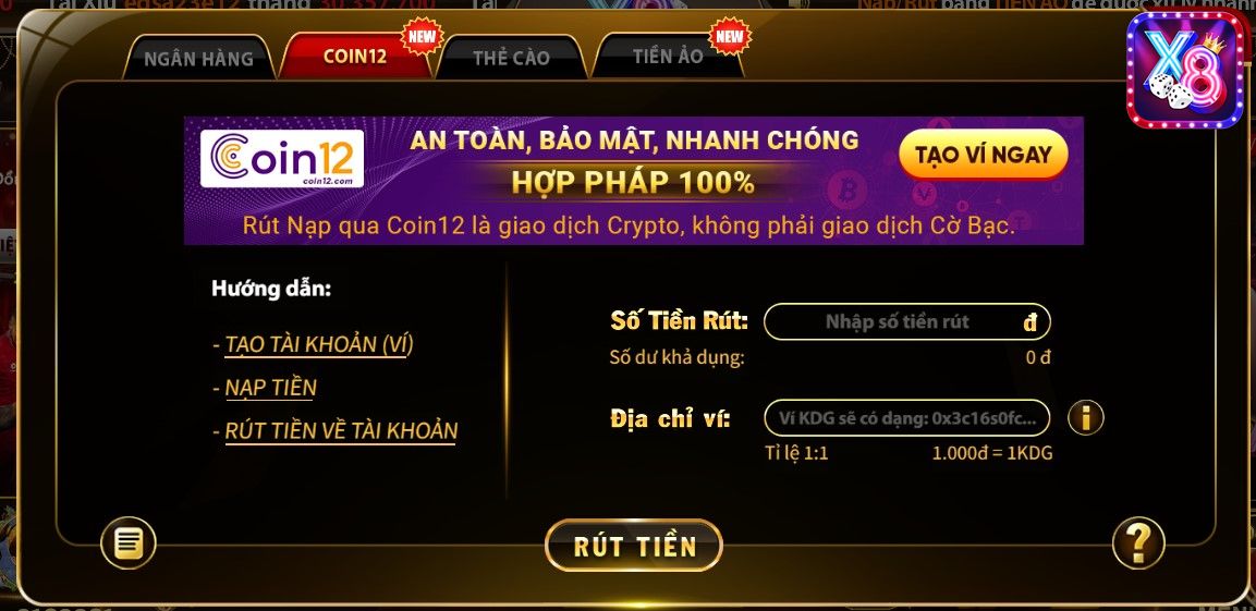 Hướng dẫn rút tiền tại X8